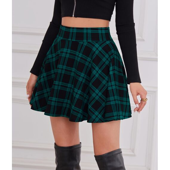 DJT Damen Mädchen Basic Solid Dehnbaren Informell Mini Skater Rock mit Shorts Blaugrün Kariert X-Small