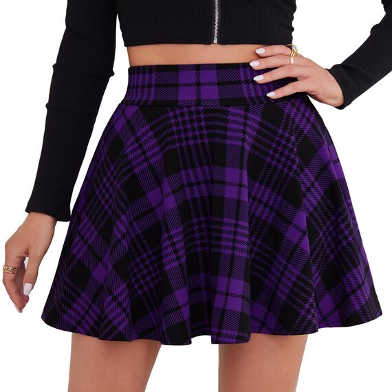 DJT Damen Mädchen Basic Solid Dehnbaren Informell Mini Skater Rock mit Shorts Lila Karierte Small