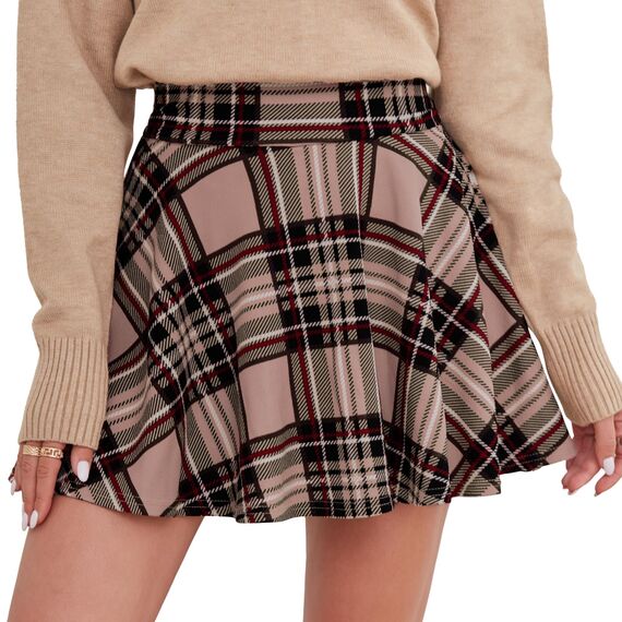 DJT Damen Mädchen Basic Solid Dehnbaren Informell Mini Skater Rock mit Shorts Rosa Kariert Small