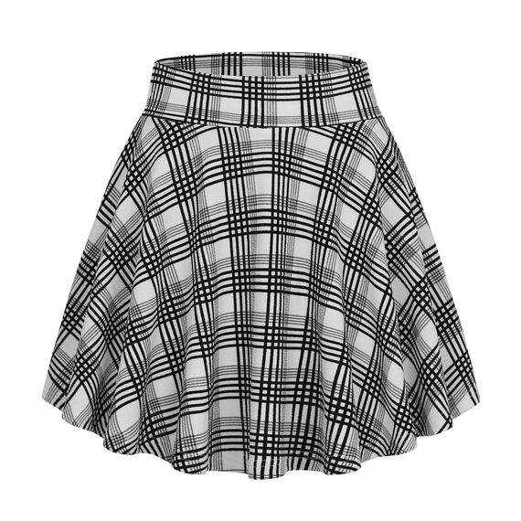 DJT Damen Mädchen Basic Solid Dehnbaren Informell Mini Skater Rock mit Shorts Schwarz Weiß Gitter‌ X-Small