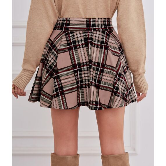 DJT Damen Mädchen Basic Solid Dehnbaren Informell Mini Skater Rock mit Shorts Rosa Kariert Medium