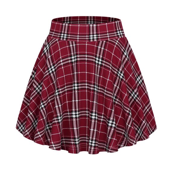 DJT Damen Mädchen Basic Solid Dehnbaren Informell Mini Skater Rock mit Shorts Weinrot Kariert X-Small