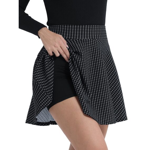 DJT Damen Mädchen Basic Solid Dehnbaren Informell Mini Skater Rock mit Shorts Schwarz kariert M