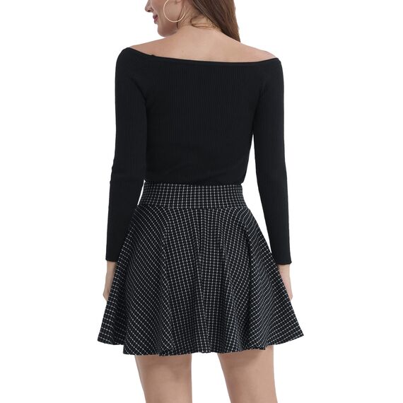 DJT Damen Mädchen Basic Solid Dehnbaren Informell Mini Skater Rock mit Shorts Schwarz kariert M