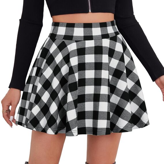 DJT Damen Mädchen Basic Solid Dehnbaren Informell Mini Skater Rock mit Shorts Schwarz Weiß Kariert X-Small
