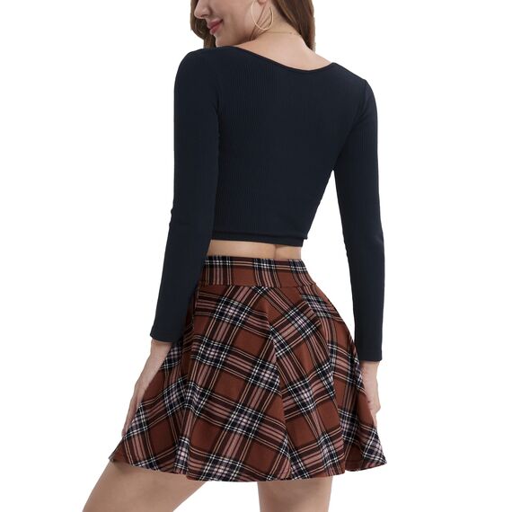 DJT Damen Mädchen Basic Solid Dehnbaren Informell Mini Skater Rock mit Shorts Braun Kariert M