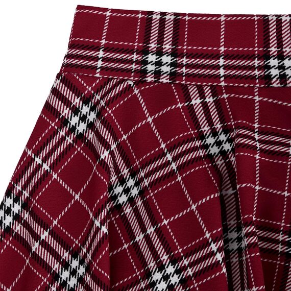 DJT Damen Mädchen Basic Solid Dehnbaren Informell Mini Skater Rock mit Shorts Weinrot Kariert Medium