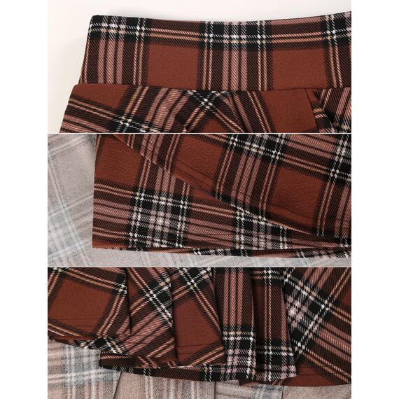 DJT Damen Mädchen Basic Solid Dehnbaren Informell Mini Skater Rock mit Shorts Braun Kariert S