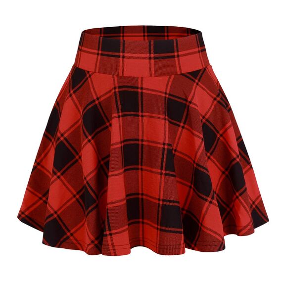 DJT Damen Mädchen Basic Solid Dehnbaren Informell Mini Skater Rock mit Shorts Rot Plaid X-Large