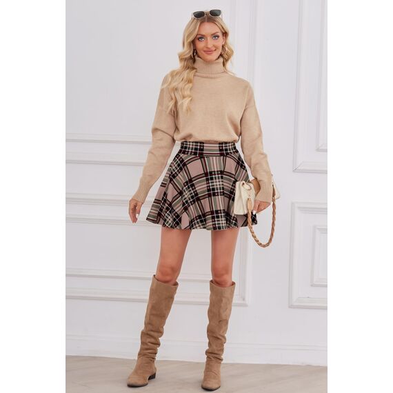 DJT Damen Mädchen Basic Solid Dehnbaren Informell Mini Skater Rock mit Shorts Rosa Kariert Large