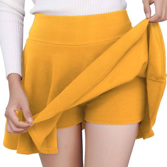 DJT Damen Mädchen Basic Solid Dehnbaren Informell Mini Skater Rock mit Shorts Gelb XX-Large