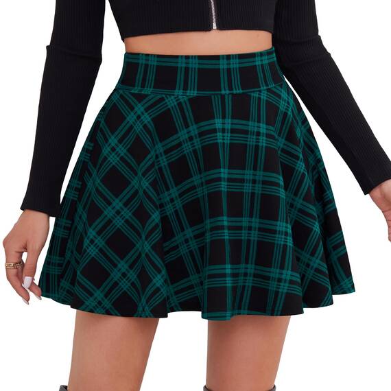 DJT Damen Mädchen Basic Solid Dehnbaren Informell Mini Skater Rock mit Shorts Blaugrün Kariert XX-Large
