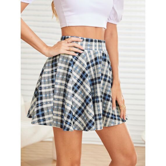 DJT Damen Mädchen Basic Solid Dehnbaren Informell Mini Skater Rock mit Shorts Blau Kariert Large