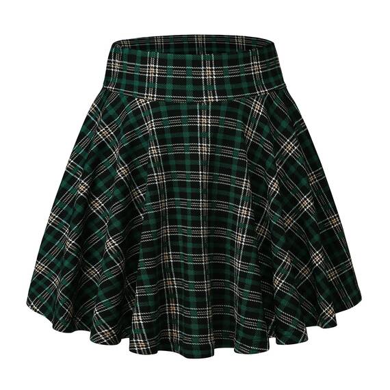 DJT Damen Mädchen Basic Solid Dehnbaren Informell Mini Skater Rock mit Shorts Grün Plaid XX-Large