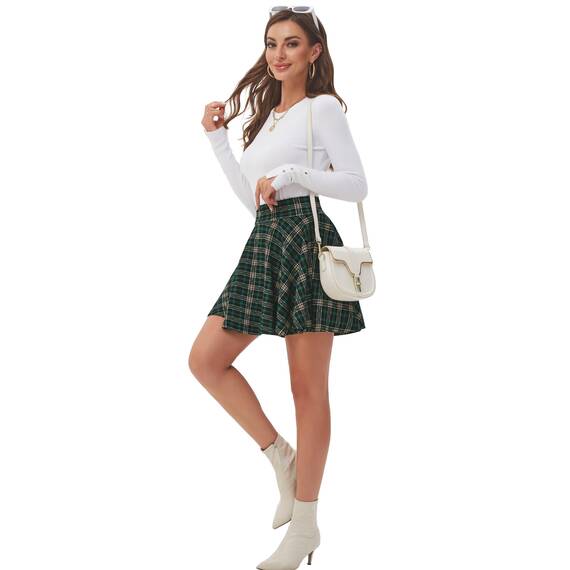 DJT Damen Mädchen Basic Solid Dehnbaren Informell Mini Skater Rock mit Shorts Grün Plaid XX-Large