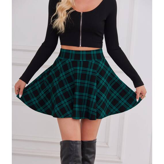 DJT Damen Mädchen Basic Solid Dehnbaren Informell Mini Skater Rock mit Shorts Blaugrün Kariert XX-Large