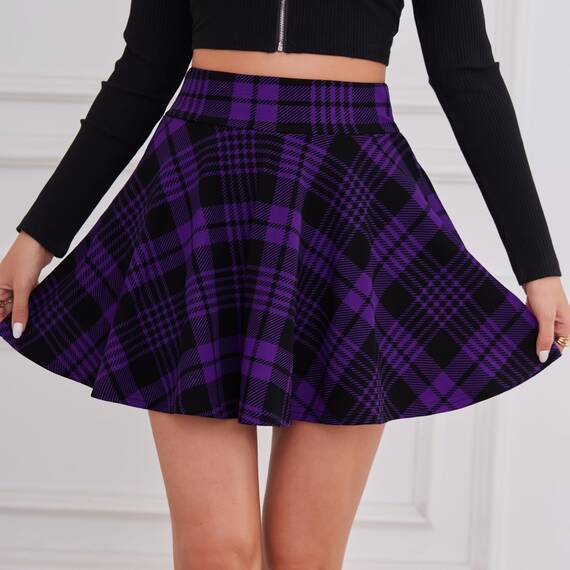 DJT Damen Mädchen Basic Solid Dehnbaren Informell Mini Skater Rock mit Shorts Lila Karierte XX-Large