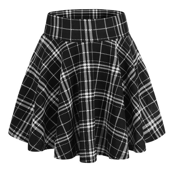 DJT Damen Mädchen Basic Solid Dehnbaren Informell Mini Skater Rock mit Shorts Schwarz Plaid Large