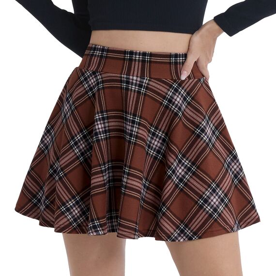 DJT Damen Mädchen Basic Solid Dehnbaren Informell Mini Skater Rock mit Shorts Braun Kariert L