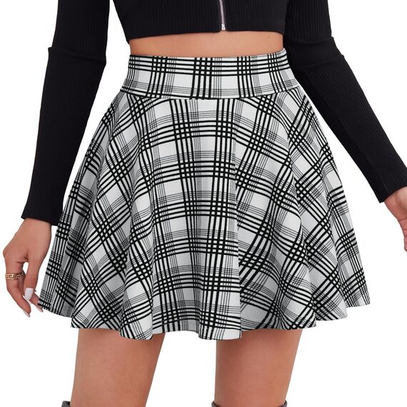 DJT Damen Mädchen Basic Solid Dehnbaren Informell Mini Skater Rock mit Shorts Schwarz Weiß Gitter‌ X-Large