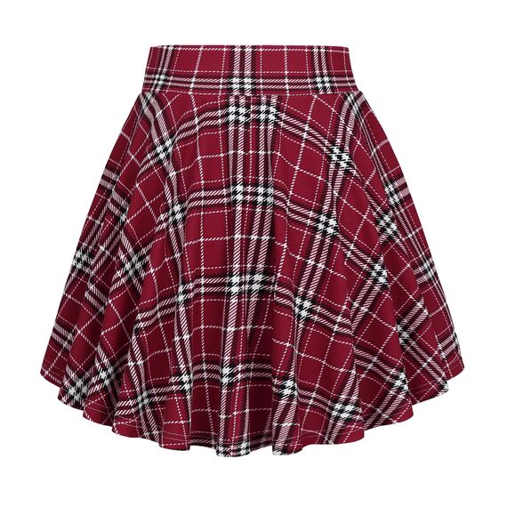 DJT Damen Mädchen Basic Solid Dehnbaren Informell Mini Skater Rock mit Shorts Weinrot Kariert X-Large