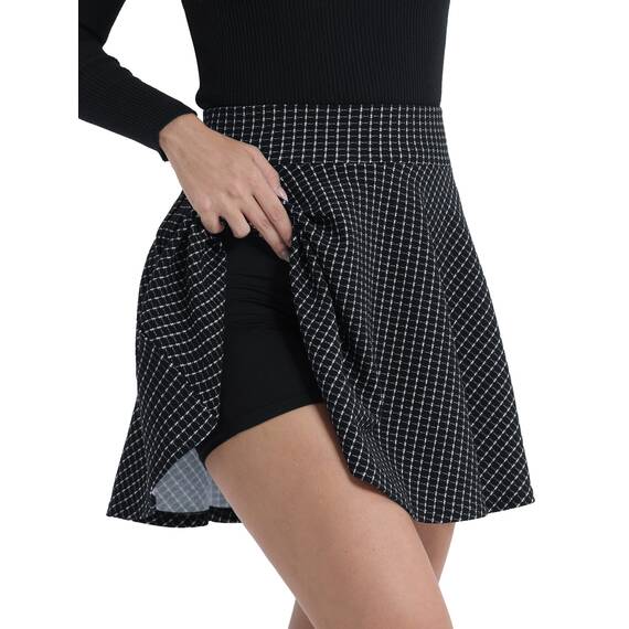 DJT Damen Mädchen Basic Solid Dehnbaren Informell Mini Skater Rock mit Shorts Schwarz kariert XXL