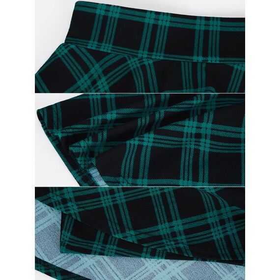 DJT Damen Mädchen Basic Solid Dehnbaren Informell Mini Skater Rock mit Shorts Blaugrün Kariert X-Large