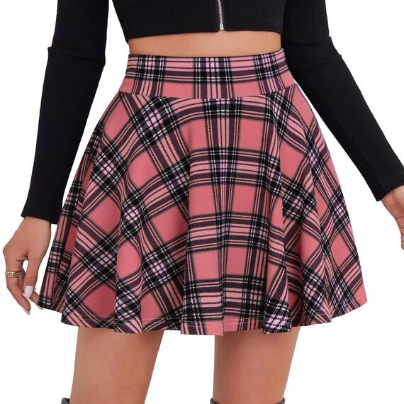 DJT Damen Mädchen Basic Solid Dehnbaren Informell Mini Skater Rock mit Shorts Korallenrosa Kariert XX-Large