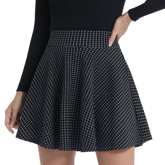 DJT Damen Mädchen Basic Solid Dehnbaren Informell Mini Skater Rock mit Shorts Schwarz kariert XXL