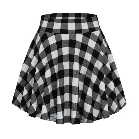 DJT Damen Mädchen Basic Solid Dehnbaren Informell Mini Skater Rock mit Shorts Schwarz Weiß Kariert Large