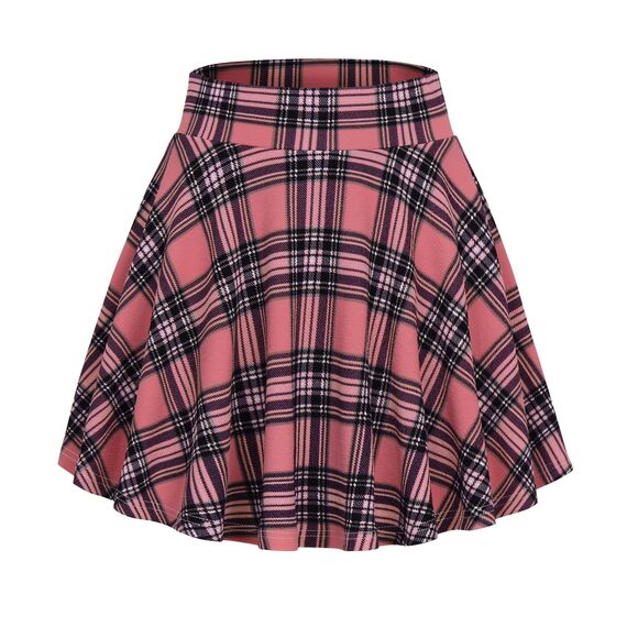 DJT Damen Mädchen Basic Solid Dehnbaren Informell Mini Skater Rock mit Shorts Korallenrosa Kariert Medium