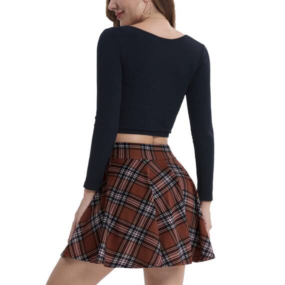 DJT Damen Mädchen Basic Solid Dehnbaren Informell Mini Skater Rock mit Shorts Braun Kariert XXL