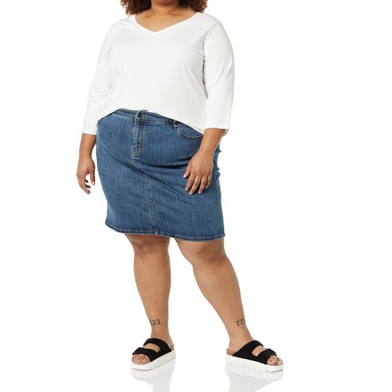 Amazon Essentials Damen Klassischer 5-Taschen-Jeansrock mit Stretchanteil, 60,3cm Länge (Erhältlich in Übergröße), Mittlere Waschung, 66 Große Größe