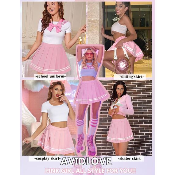 Avidlove Damen Kurz Rock Karneval Kostüm Sexy Skirt Basic Faltenrock Kariert Kleid Rave Outfit Hohe Taille Plisseerock Tennis Sportrock Party Minirock Elastisch Schule A-Linie Rosa XL