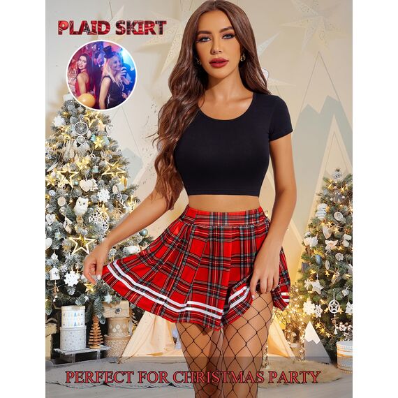 Avidlove Damen Kurz Rock Karneval Kostüm Sexy Skirt Basic Faltenrock Kariert Kleid Rave Outfit Hohe Taille Plisseerock Tennis Sportrock Party Minirock Elastisch Schule A-Linie Schwarz-Rot-Plaid XXL