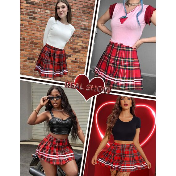 Avidlove Damen Kurz Rock Karneval Kostüm Sexy Skirt Basic Faltenrock Kariert Kleid Rave Outfit Hohe Taille Plisseerock Tennis Sportrock Party Minirock Elastisch Schule A-Linie Schwarz-Rot-Plaid XL