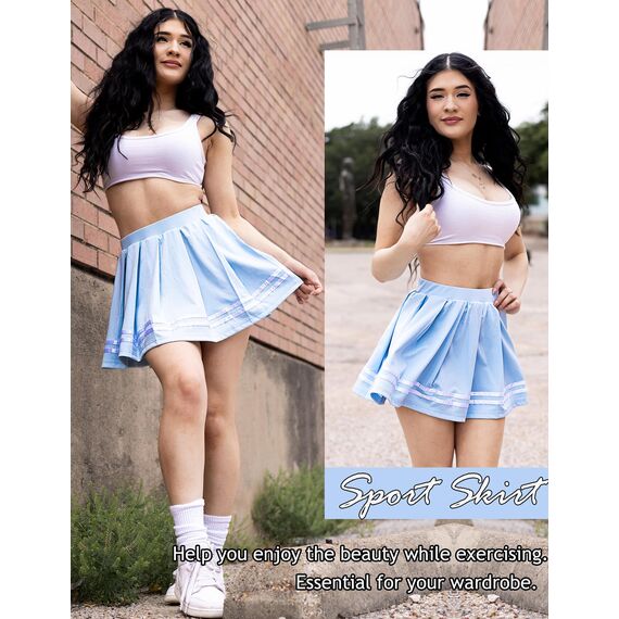 Avidlove Damen Kurz Rock Karneval Kostüm Sexy Skirt Basic Faltenrock Kariert Kleid Rave Outfit Hohe Taille Plisseerock Tennis Sportrock Party Minirock Elastisch Schule A-Linie Hellblau L