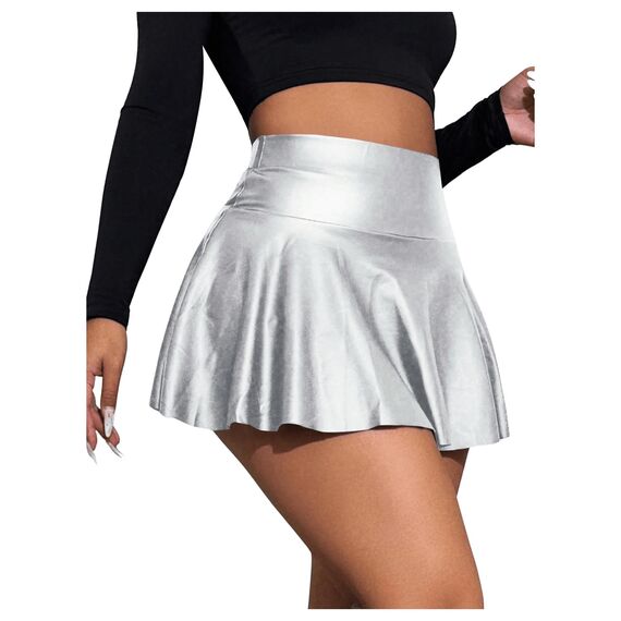 GORGLITTER Damen Skort Elastischer Bund Minirock PU Leder Clubröcke Kurze Röcke mit Rüschensaum Silber S