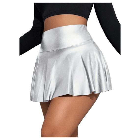 GORGLITTER Damen Skort Elastischer Bund Minirock PU Leder Clubröcke Kurze Röcke mit Rüschensaum Silber S