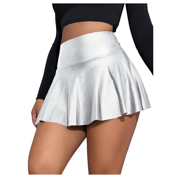 GORGLITTER Damen Skort Elastischer Bund Minirock PU Leder Clubröcke Kurze Röcke mit Rüschensaum Silber S