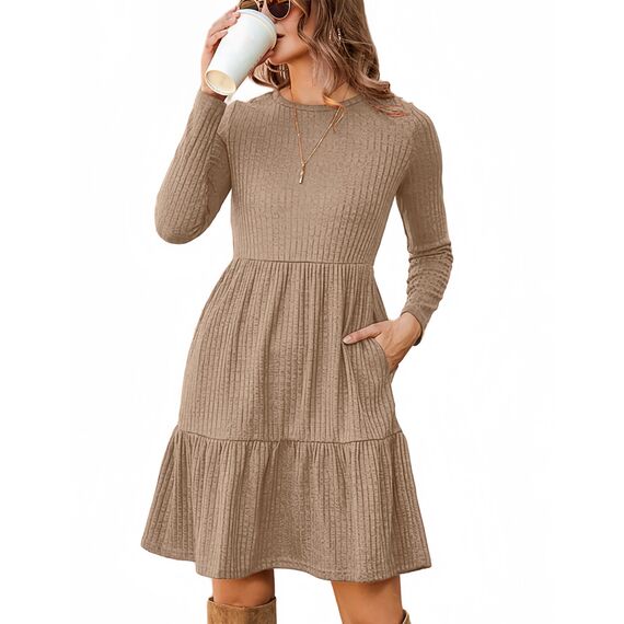 Zeagoo Damen Kleider Langarm Rundhals Herbstkleid mit Taschen Elegant Knielang Kleid Winter Frühling Khaki L
