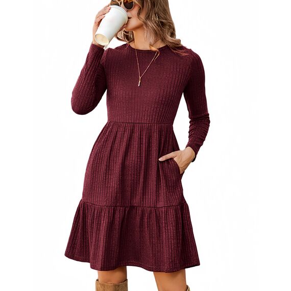 ZEAGOO Pulloverkleid Damen Herbst Elegant Rundhals Herbstkleider Casual Knielang A Linie Kleid Langarm Midi Kleider Weihnachten Weinrot M