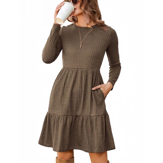 Zeagoo Damen Kleider Langarm Rundhals Herbstkleid mit Taschen Elegant Knielang Kleid Winter Frühling Braun S