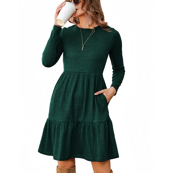 Zeagoo Damen Kleider Langarm Rundhals Herbstkleid mit Taschen Elegant Knielang Kleid Winter Frühling Grün M