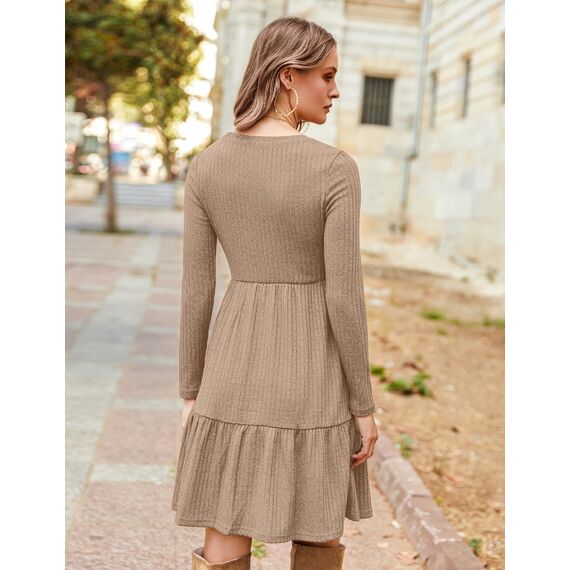 Zeagoo Damen Kleider Langarm Rundhals Herbstkleid mit Taschen Elegant Knielang Kleid Winter Frühling Khaki L