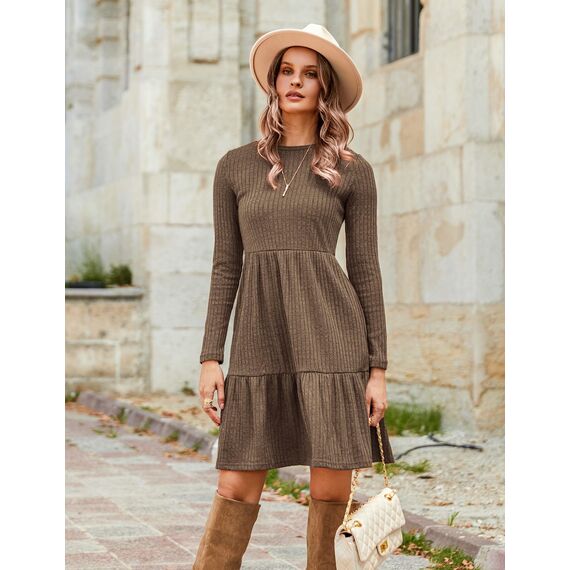 Zeagoo Damen Kleider Langarm Rundhals Herbstkleid mit Taschen Elegant Knielang Kleid Winter Frühling Braun S