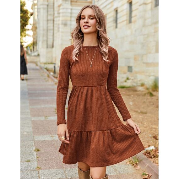 ZEAGOO Pulloverkleid Damen Herbst Rundhals Langarm A Linie Kleider Casual Elegant Herbstkleider Knielang Winterkleid mit Taschen Karamell M