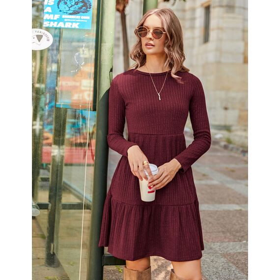 ZEAGOO Pulloverkleid Damen Herbst Elegant Rundhals Herbstkleider Casual Knielang A Linie Kleid Langarm Midi Kleider Weihnachten Weinrot M
