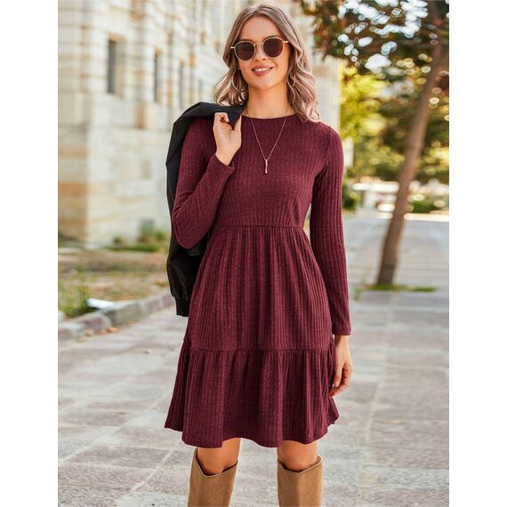 ZEAGOO Pulloverkleid Damen Herbst Elegant Rundhals Herbstkleider Casual Knielang A Linie Kleid Langarm Midi Kleider Weihnachten Weinrot M