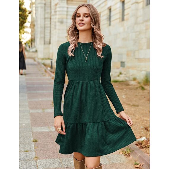 ZEAGOO Damen Kleider Herbst Einfarbig A Linien Kleid Grünes Elegant Langarm Rundhals Herbstkleid Casual Dünn Knielang Pulloverkleid Grün L